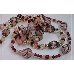 Art Glass Beaded Long Necklace Plum Mauve Swirl Teardrop Faceted Crystal Silver